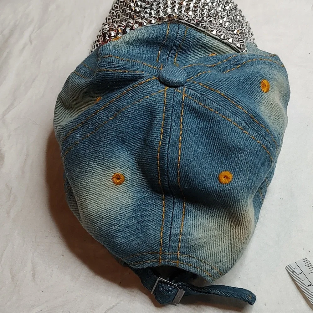 Bling American Flag Denim Distressed Jean Cap USA Hat - Picture 5 of 11